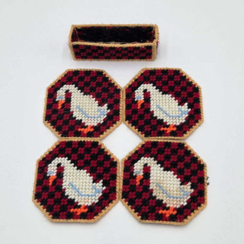 Vintage Needlepoint Plastic Canvas Goose Coaster Set w/ Holder Handmade Checker